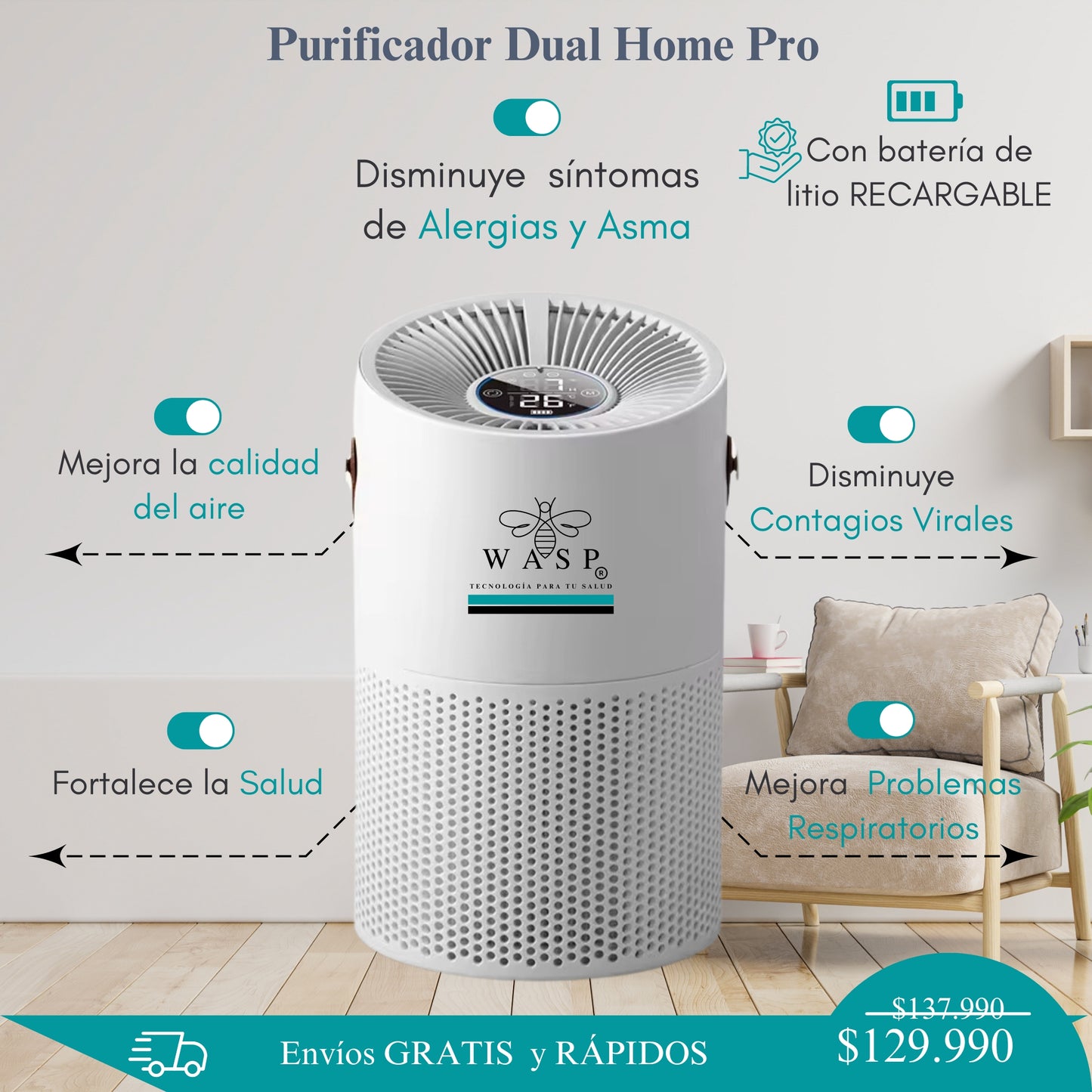 Purificador de Aire Dual Home Pro Con Batería de litio