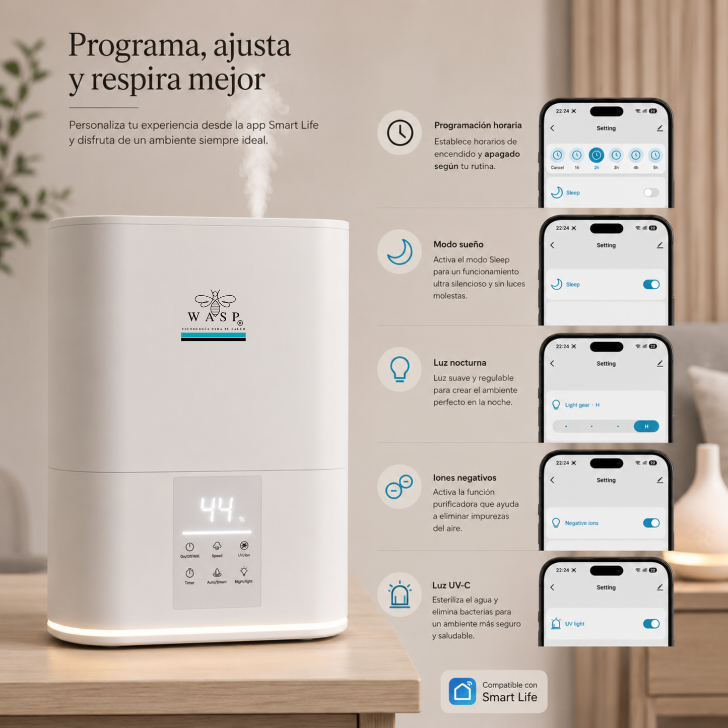 Humidificador Versa Smart con Función Purificadora y Difusor de Aroma