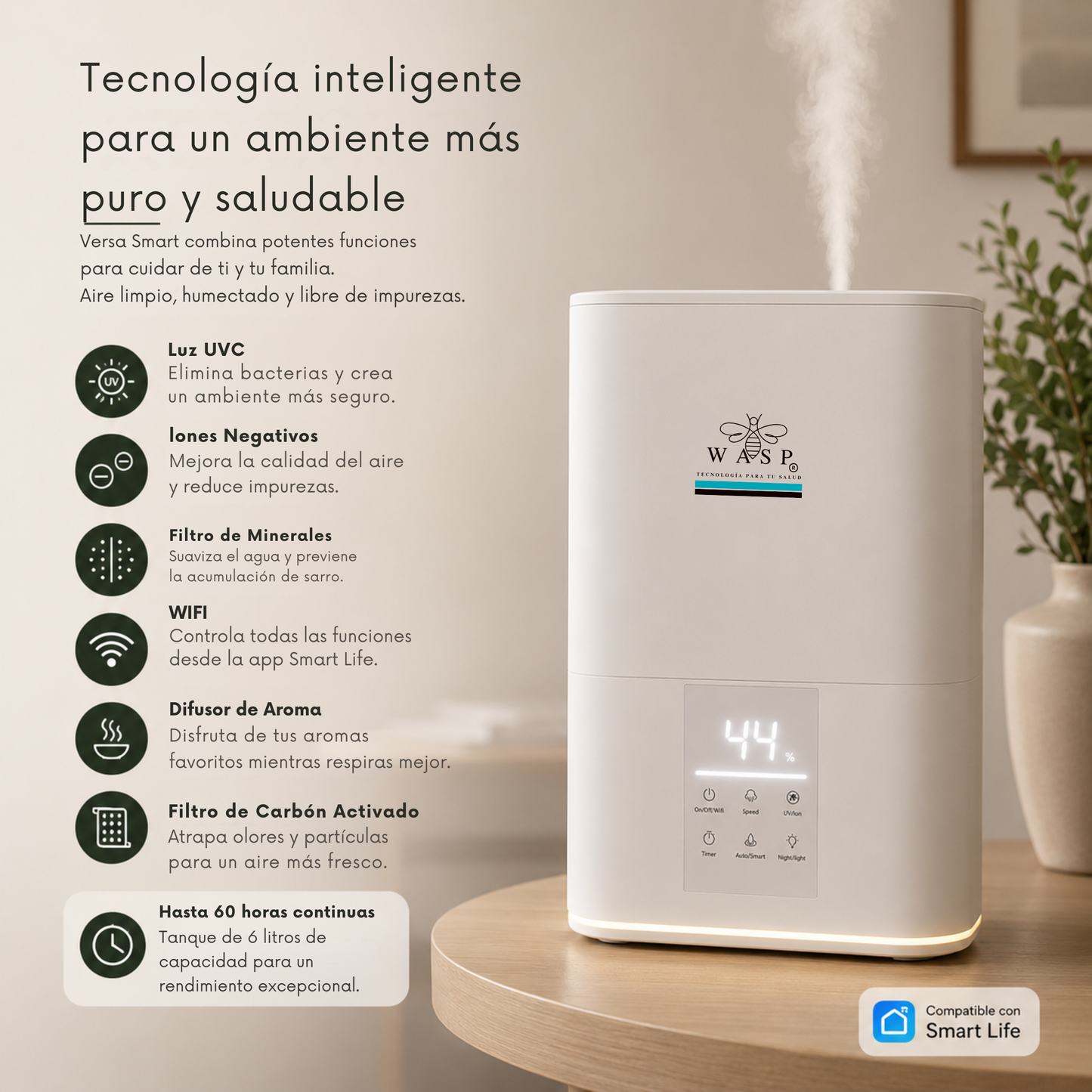Humidificador Versa Smart con Función Purificadora y Difusor de Aroma